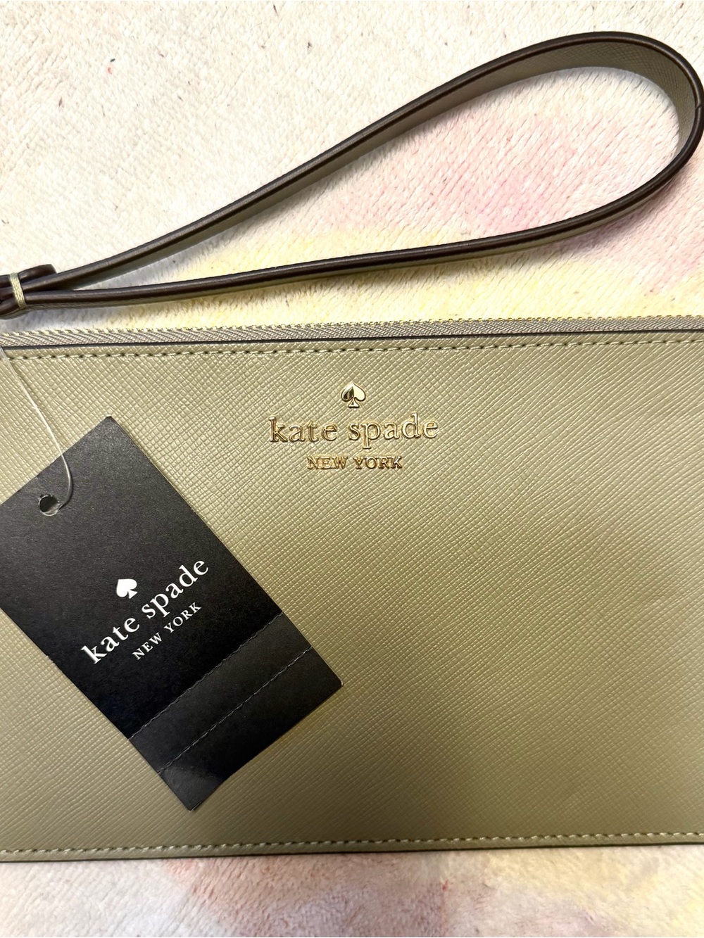 kate spade taupe Saffiano Wristlet Clutch with Gold Logo